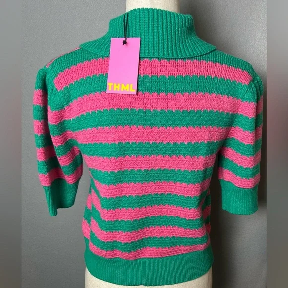 THML Green & Pink Pullover knit polo sweater preppy academia twee NWT XS - Picture 4 of 7